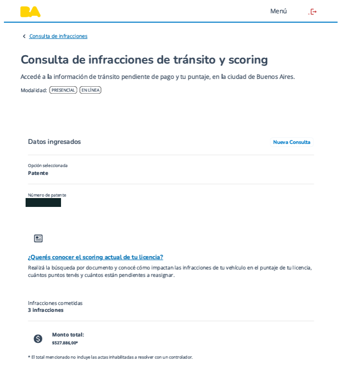 Consulta inicial de CABA con infracciones pendientes