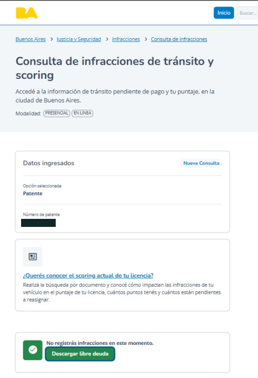 Consulta posterior de CABA: No registrás infracciones en este momento.