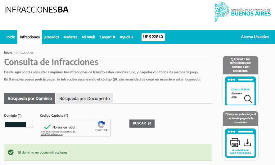 Consulta posterior de Provincia de Buenos Aires: El dominio no posee infracciones.